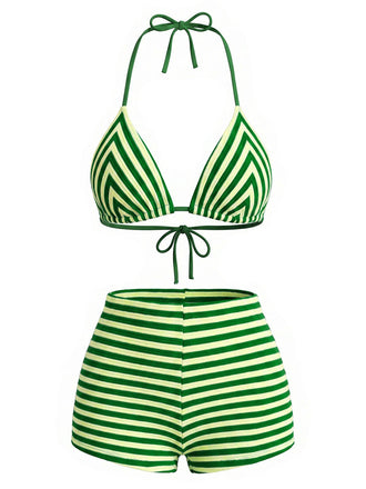 Grünes 50er Bikini-Set mit Neckholder und Streifen
