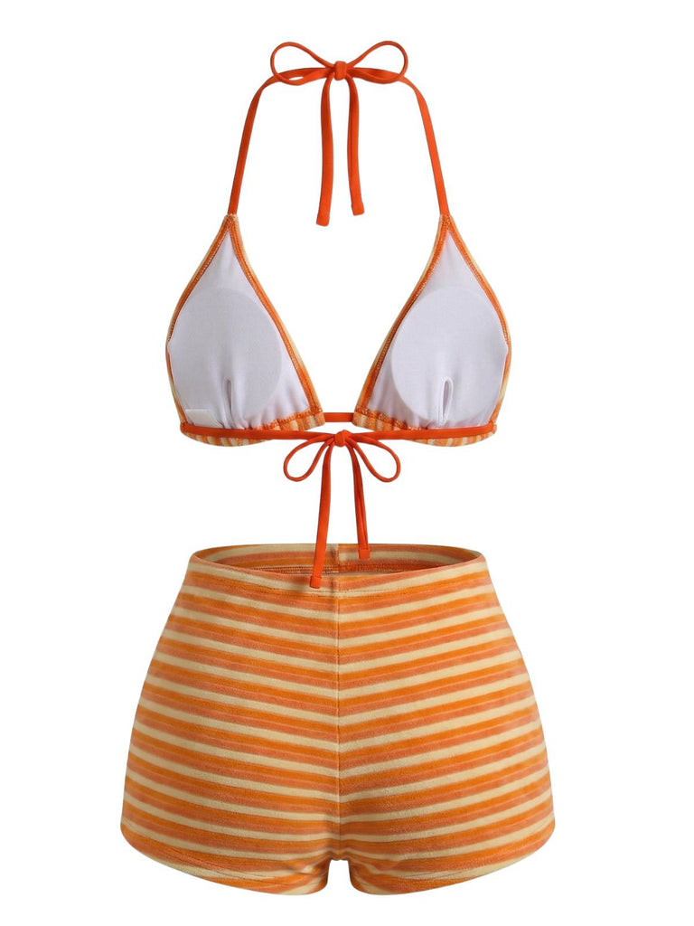 Braun 1950er Streifen Frottee Halter Bikini Set