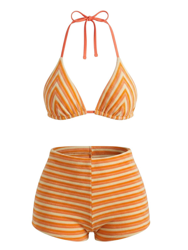 Braun 1950er Streifen Frottee Halter Bikini Set