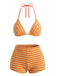 Braun 1950er Streifen Frottee Halter Bikini Set