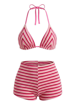 Rosa 1950er Streifen Frottee Halter Bikini Set