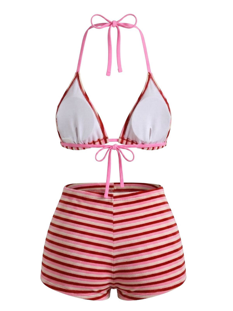 Braun 1950er Streifen Frottee Halter Bikini Set