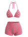 Braun 1950er Streifen Frottee Halter Bikini Set