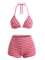 Rosa 1950er Streifen Frottee Halter Bikini Set