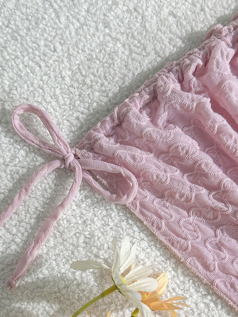 3-teiliges Rosa 1950er Halter-Plissiertes Twist Bikini-Set & Überwurf