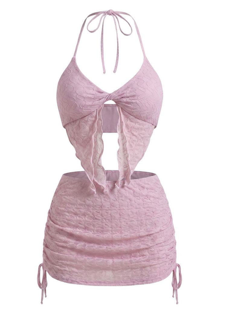 Rosa 1950er Halter Plissiertes Twist Bikini Set & Cover-Up