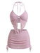 Rosa 1950er Halter Plissiertes Twist Bikini Set & Cover-Up