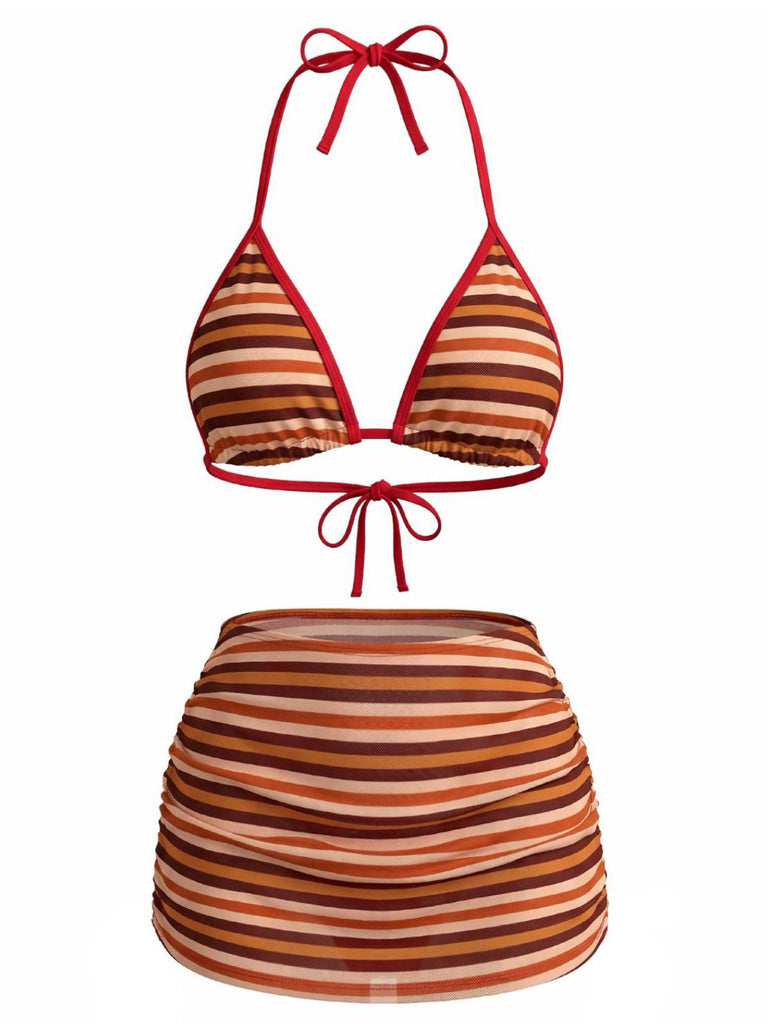 Braunes 60er Bikini-Set & Rüschenrock mit Streifen