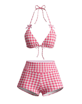 Rosa 80er Bikini-Set & Shorts mit Neckholder und Schleife