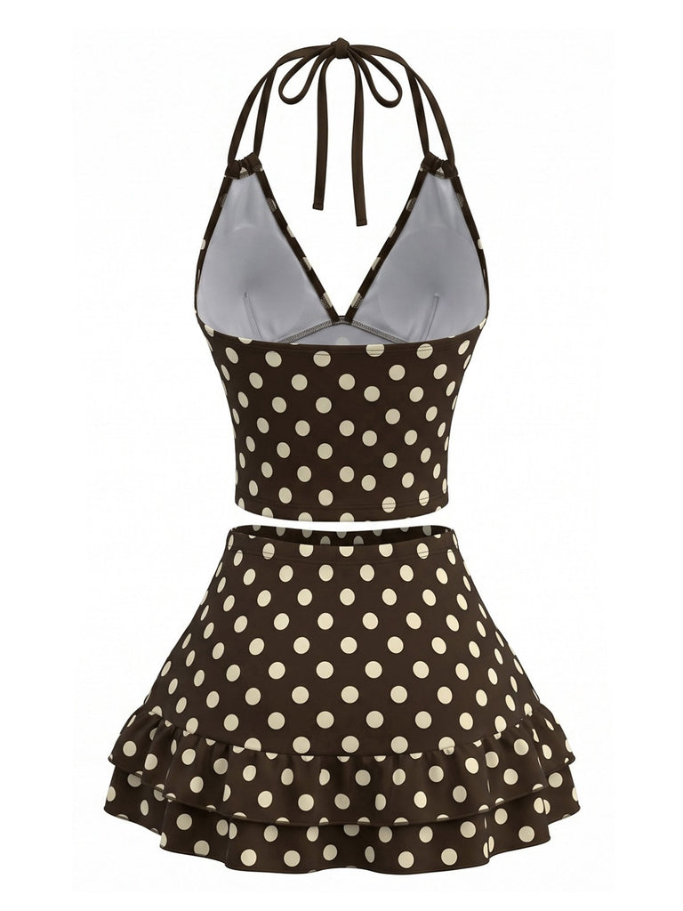Braunes 50er Tankini-Set mit Polka-Dots und Neckholder