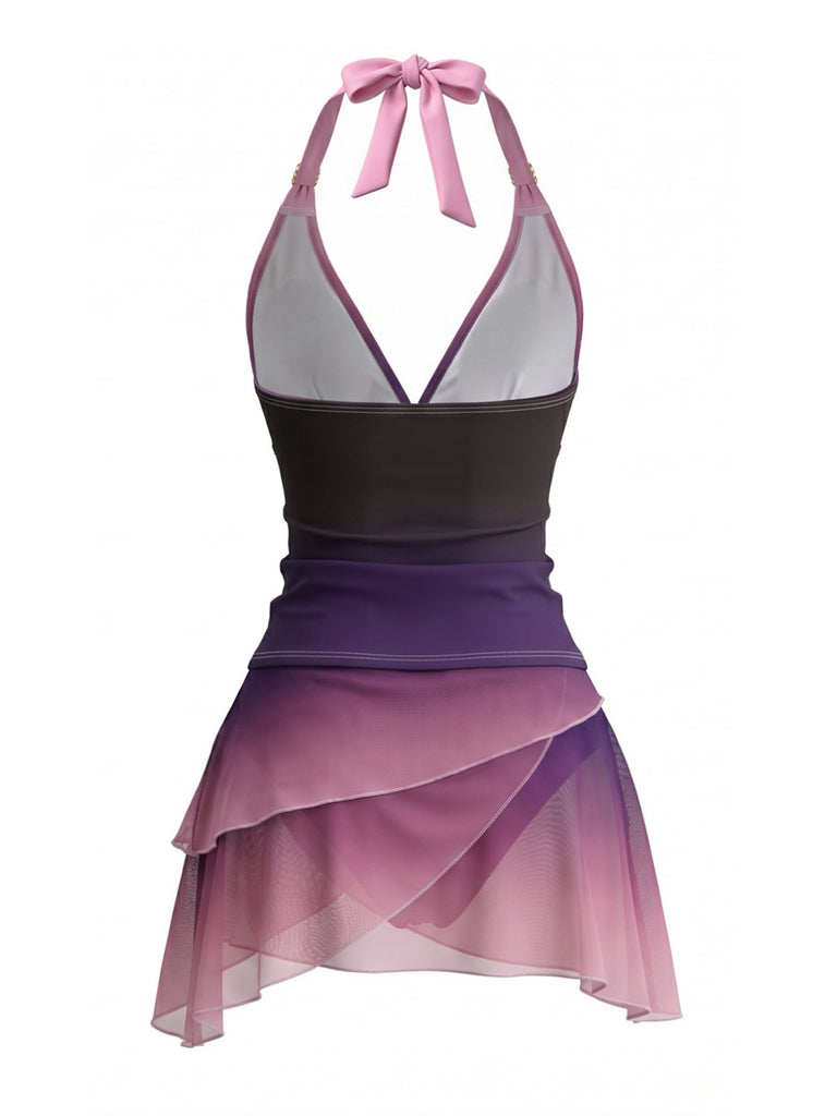 Lavendel 80er Tankini-Set mit Farbverlauf und Raffung
