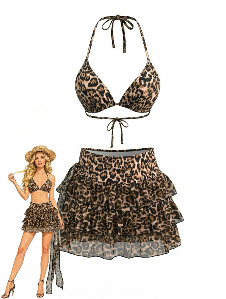 Leoparden-Printes 80er Bikini-Set & Cover-Up mit Plissee und Licht