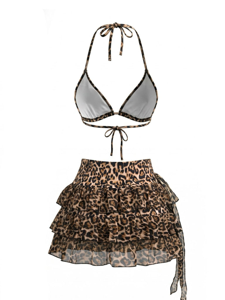 Leoparden-Printes 80er Bikini-Set & Cover-Up mit Plissee und Licht