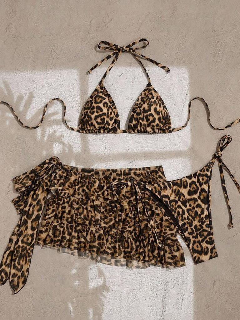 Leoparden-Printes 80er Bikini-Set & Cover-Up mit Plissee und Licht