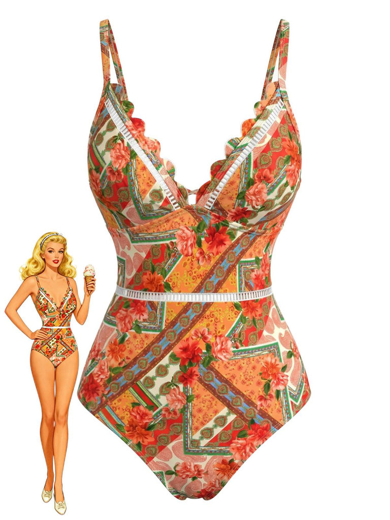 Orange 40er Badeanzug mit Blumen und Patchwork