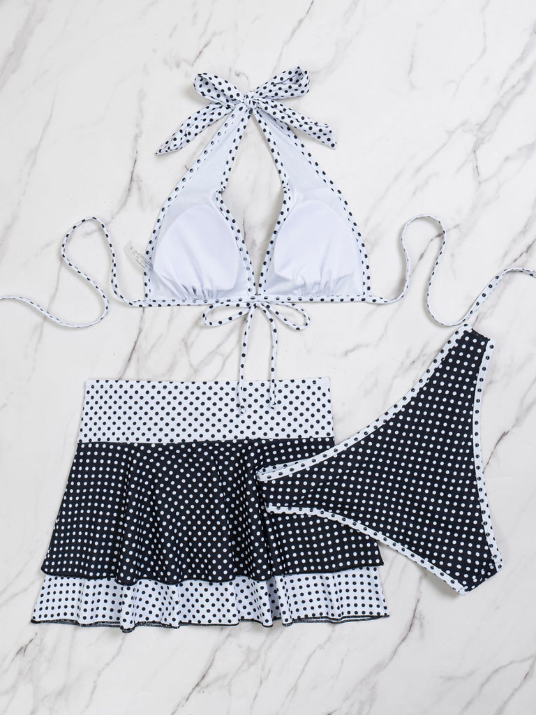 2-teiliges Schwarz 1940er Polka Dot Neckholder Bikini-Set & Überwurf