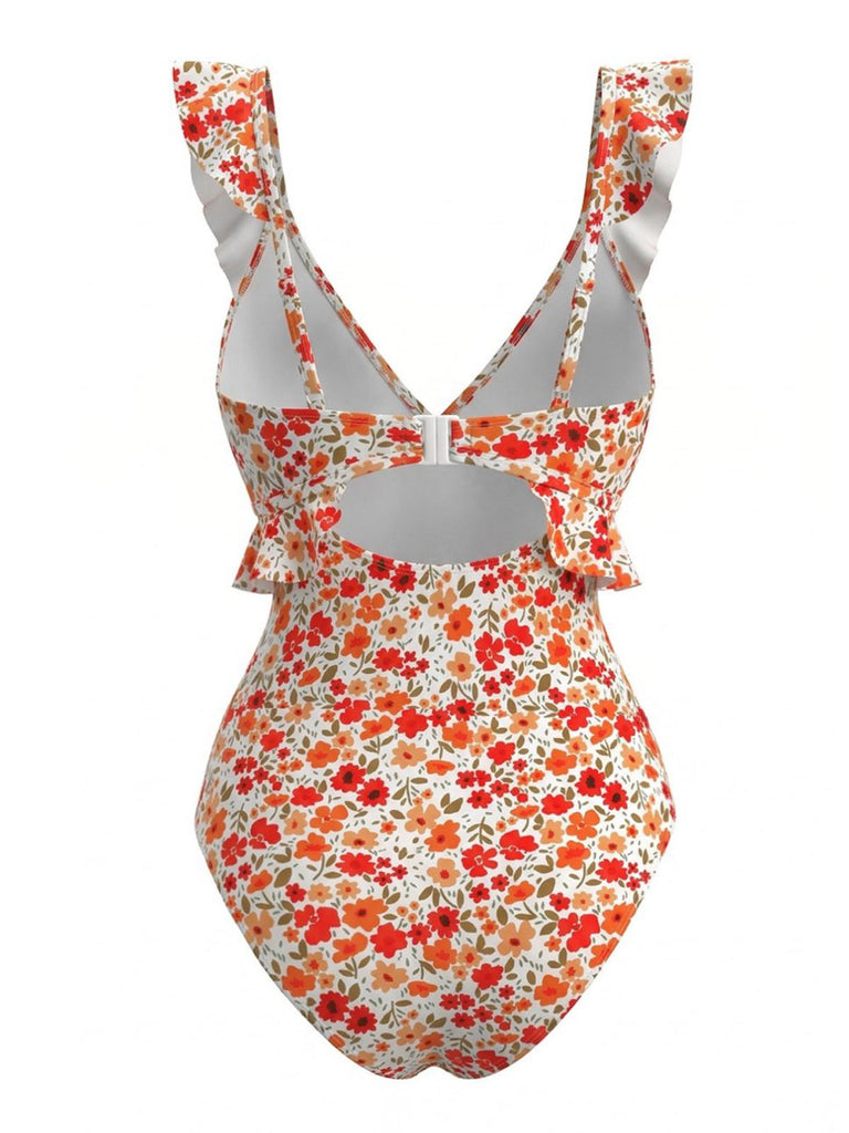 Orange 40er Badeanzug mit Rüschen und Blumen