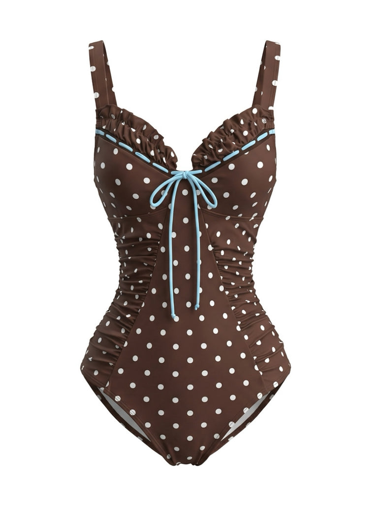 [Vorverkauf] Hellbrauner 60er Badeanzug mit Polka-Dots und Rüschen