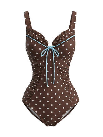 [Vorverkauf] Hellbrauner 60er Badeanzug mit Polka-Dots und Rüschen