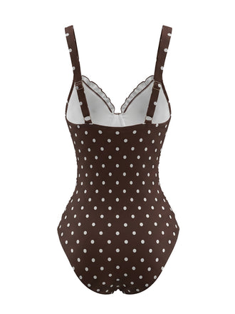 [Vorverkauf] Hellbrauner 60er Badeanzug mit Polka-Dots und Rüschen