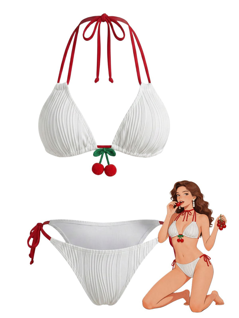 Weißes 50er Bikini-Set mit Neckholder und Kirschen