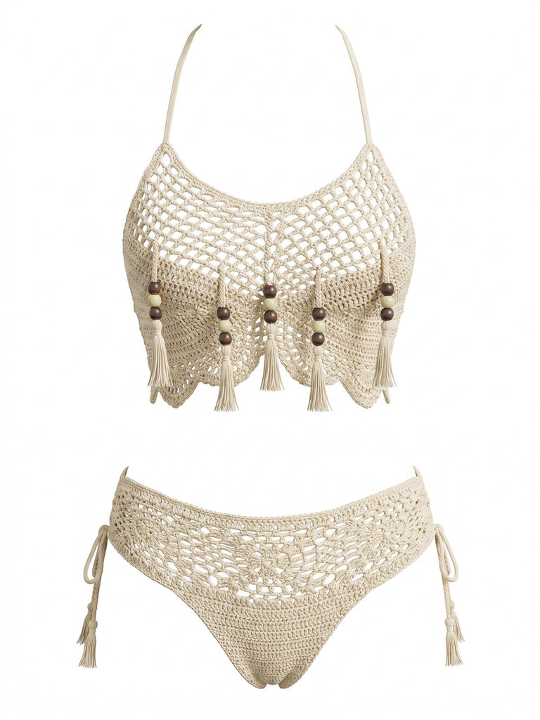 70er Bikini-Set mit Häkelarbeit und Quaste