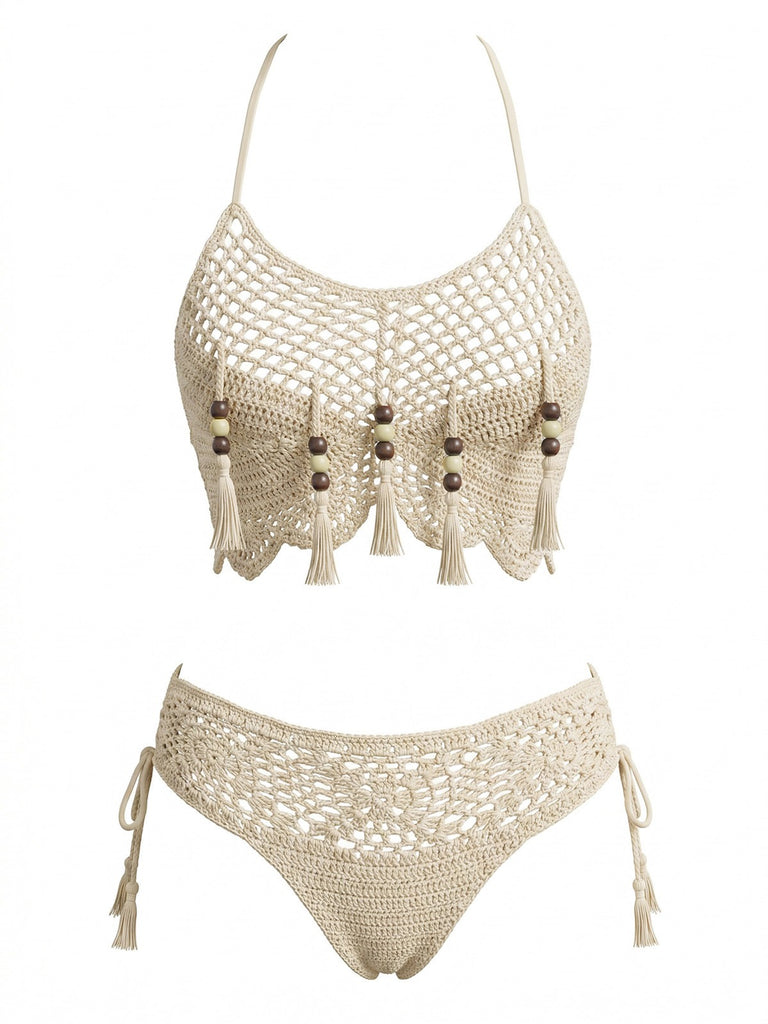 Apricot 70er Bikini-Set mit Häkelarbeit und Perlen