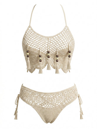 Apricot 70er Bikini-Set mit Häkelarbeit und Perlen