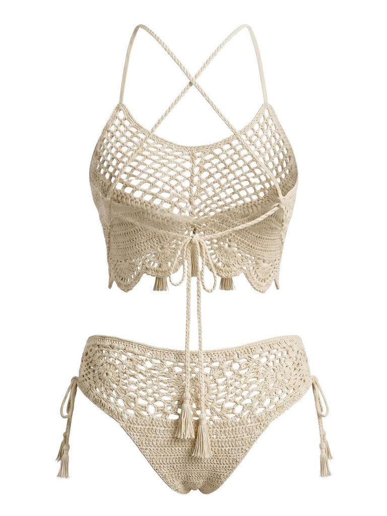 Apricot 70er Bikini-Set mit Häkelarbeit und Perlen