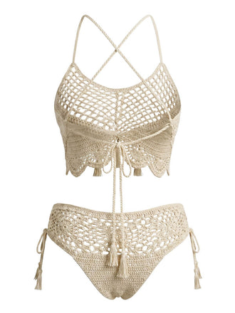 Apricot 70er Bikini-Set mit Häkelarbeit und Perlen
