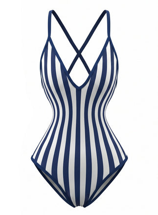 Marineblauer 80er Badeanzug mit Streifen