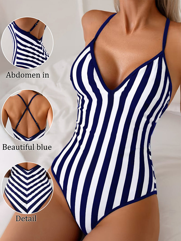 Marineblauer 80er Badeanzug mit Streifen und Criss
