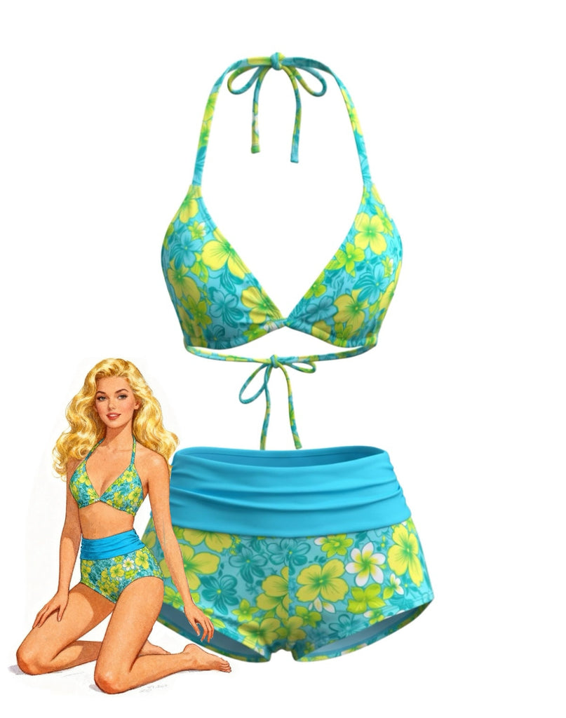 80er Bikini-Set mit Neckholder und Blumen