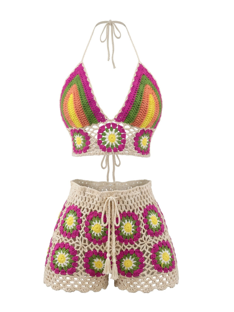Cremefarben 80er Strick- & Cover-Up mit Neckholder und Blumen