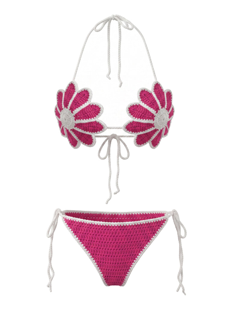 Rosarotes 80er Bikini-Set mit Häkelarbeit und Blumen