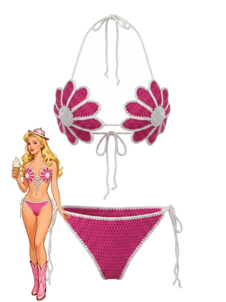 Rosarotes 80er Bikini-Set mit Häkelarbeit und Blumen