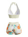 Hellgelbes 50er Bikini-Set mit Blätter-Print und Neckholder