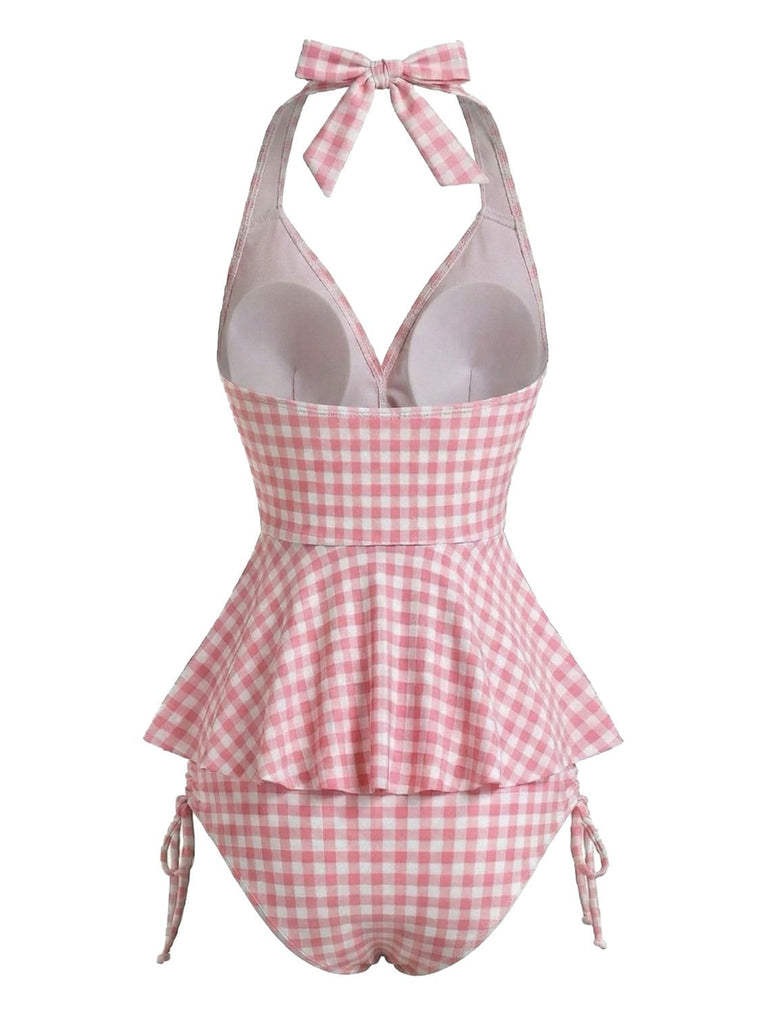 Rosa 50er Tankini-Set mit Rüschen und Neckholder