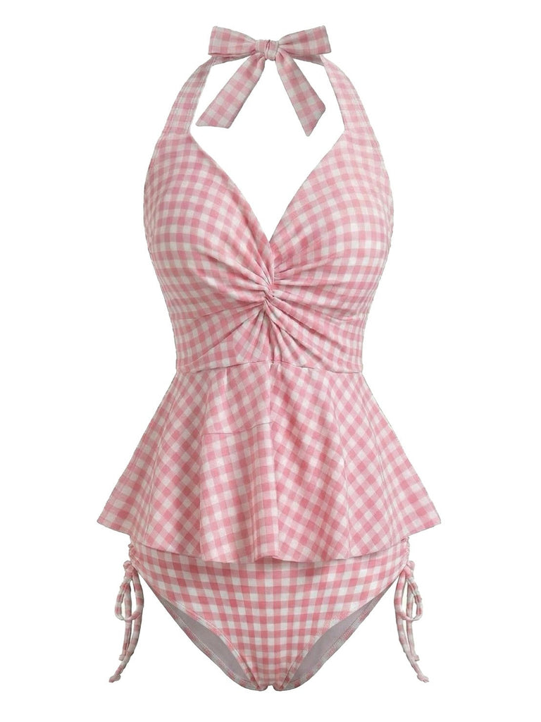 Rosa 50er Tankini-Set mit Rüschen und Neckholder