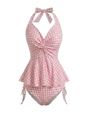 Rosa 50er Tankini-Set mit Rüschen und Neckholder