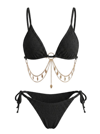 Schwarzes 60er Bikini-Set mit Goldkette und Rippstruktur