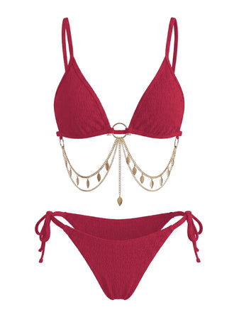 Rotes 60er Bikini-Set mit Goldkette und Rippstruktur