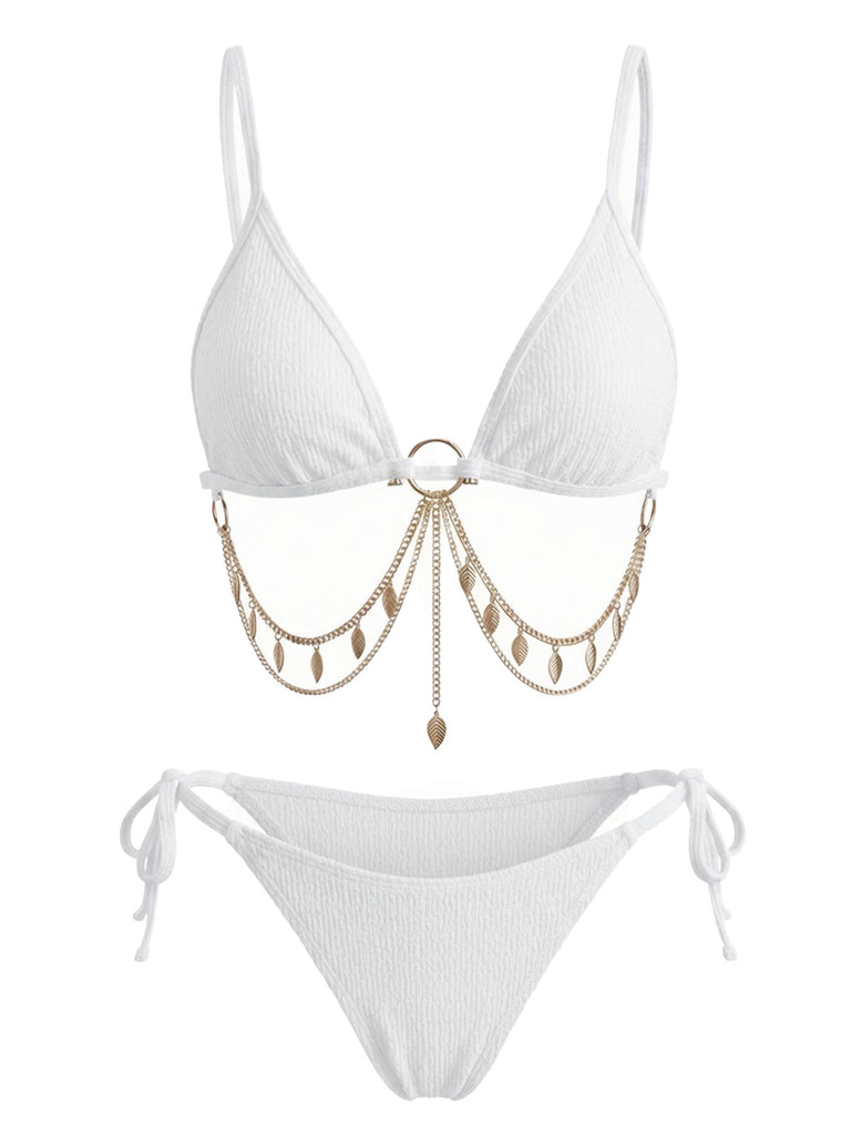 60er Bikini-Set mit Goldkette und gerippt in Weinrot