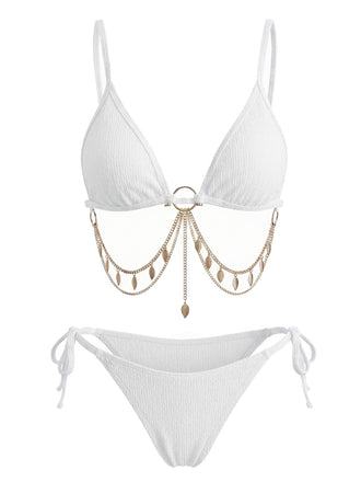 Weißes 60er Bikini-Set mit Goldkette und Rippstruktur