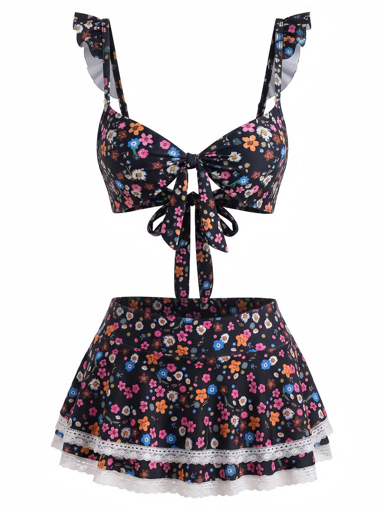 40er Bikini-Set mit Streublumen und Rüschenträgern