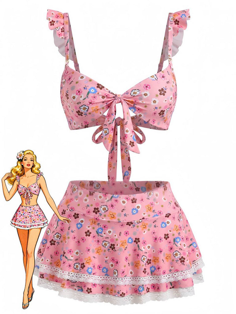 40er Bikini-Set mit Streublumen und Rüschenträgern