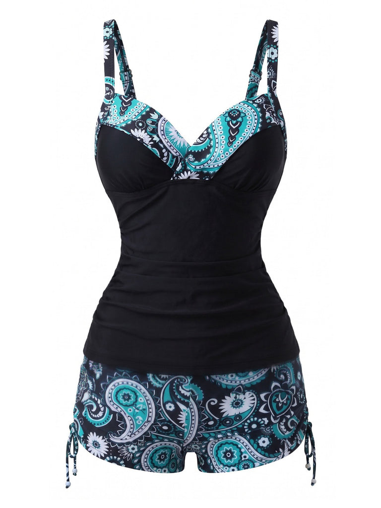 Grünes 70er Boho-Tankini-Set mit Paisley-Print und V-Ausschnitt