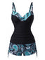 Schwarzes 70er Boho-Tankini-Set mit Paisley-Print und V-Ausschnitt
