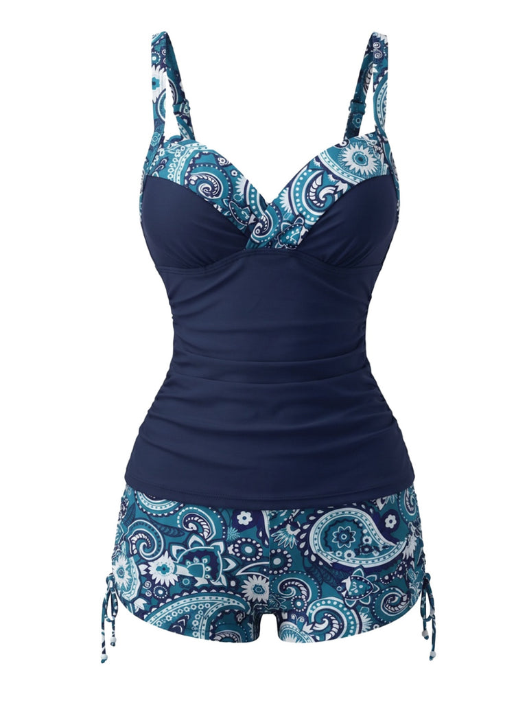 Grünes 70er Boho-Tankini-Set mit Paisley-Print und V-Ausschnitt