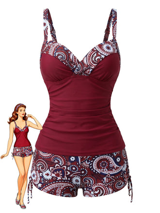 Grünes 70er Boho-Tankini-Set mit Paisley-Print und V-Ausschnitt